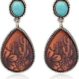 Boho Western Turquoise Cactus w Flowers Earrings Cowgirl